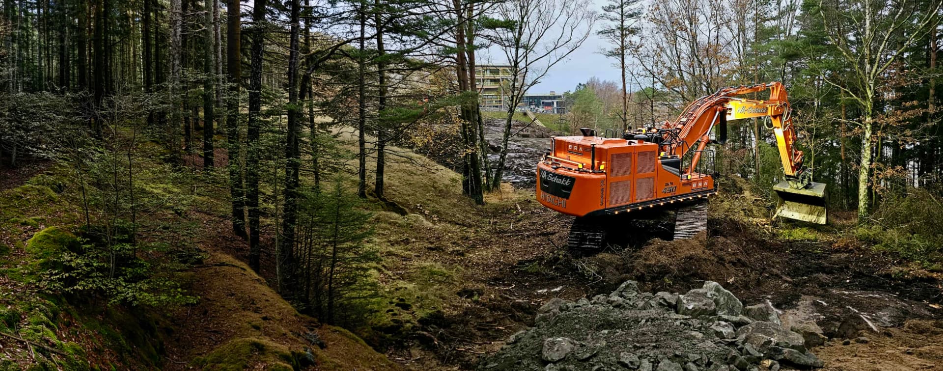 Orange NA Schakt-grävmaskin arbetar i skogsteräng